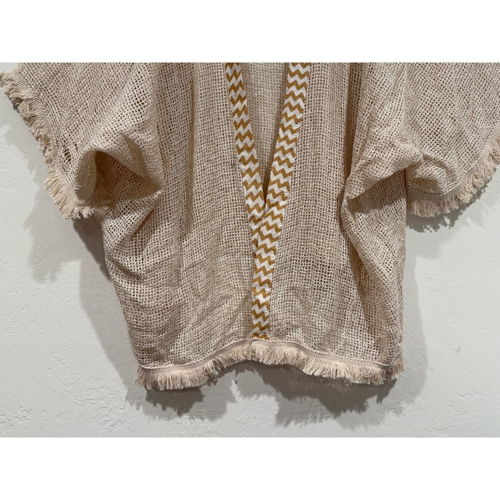 Kathmandu Imports Beige Open Knit Kimono Cardigan Chevron Trim Fringe One Size - Picture 4 of 10